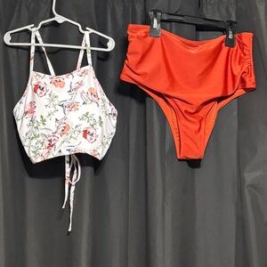 Floral Top and Red High-Waisted Bikini Set